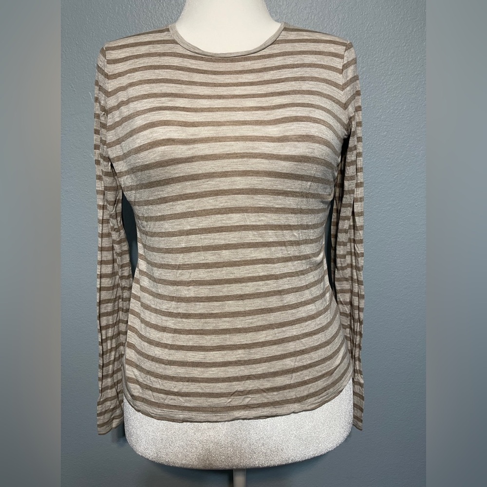 Vince Striped Long Sleeve Tee Neutral Gray Brown Lightweight Knit Top Large